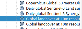 Collections within the QGIS browser. Collections with an available preview have a checkerboard-icon whereas the default icon for a collection is cube shaped