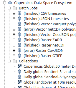 Example of the sub-items of an openEO connection after successful login
