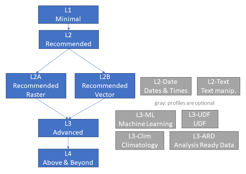 The hierarchy of openEO Processes profiles: L1 Minimal -> L2 Recommended (with sub-profiles) -> L2A/B Raster/Vector -> L3 Advanced (with sub-profiles) -> L4 Above and Beyond